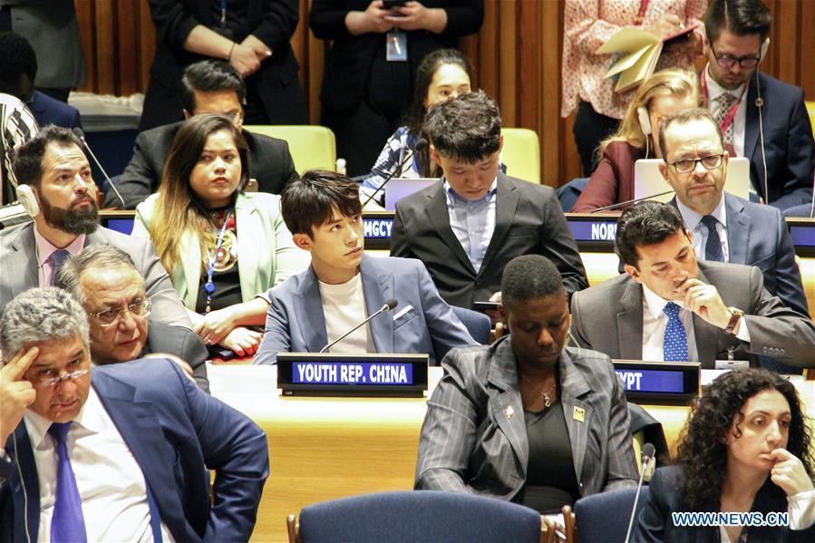 Chinese singer Yi Yangqianxi (C), who is a World Health Organization (WHO) China special envoy for health, attends the Asia and Pacific session of the United Nations Economic and Social Council Youth Forum, at the UN headquarters in New York, April 8, 2019. Yi Yangqianxi on Monday shared his vision of promoting health among young people, citing his experiences working with the World Health Organization (WHO). (Xinhua/Xie E)
