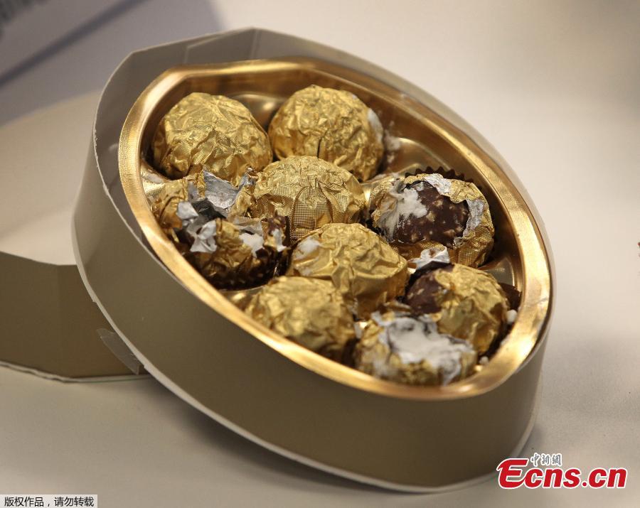 Confiscated drugs hidden inside chocolates are pictured during the annual media conference of the main customs office at the airport in Frankfurt am Main, western Germany, on April 8, 2019.  (Photo/Agencies)