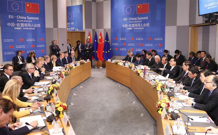 Chinese Premier Li Keqiang, European Council President Donald Tusk and European Commission President Jean-Claude Juncker co-chair the 21st China-EU leaders\' meeting in Brussels, Belgium, April 9, 2019. (Xinhua/Huang Jingwen)