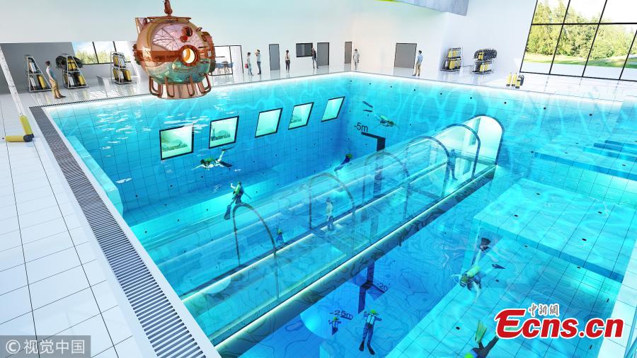 A visualization of the pool (Photo/VCG)

Poland is set to open the world\'s deepest swimming pool later this year.

At 45m deep, the DeepSpot diving pool will be the ideal place for beginner and professional divers alike to practice their skills.

DeepSpot will take the deepest swimming pool title from reigning champ Y-40 Deep Joy in Montegrotto Terme, Italy, which has a depth of 42m. 

Deepspot is set to open in Autumn of this year.