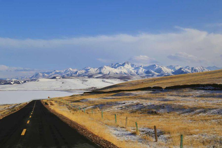 A road offers a dark contrast to the fresh fallen snow and grasslands at Shandan Horse Farm Grassland in Northwest China\'s Gansu Province on April 8, 2019.  (Photo provided to chinadaily.com.cn)