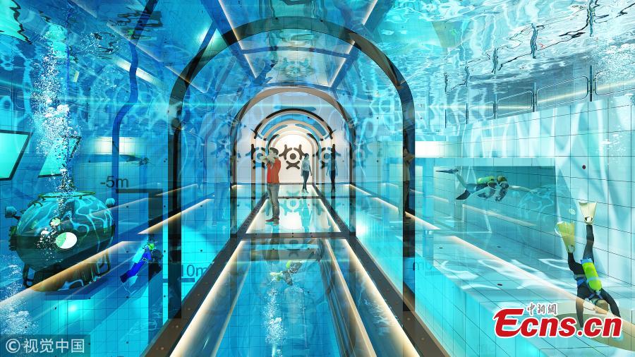 A visualization of the pool (Photo/VCG)

Poland is set to open the world\'s deepest swimming pool later this year.

At 45m deep, the DeepSpot diving pool will be the ideal place for beginner and professional divers alike to practice their skills.

DeepSpot will take the deepest swimming pool title from reigning champ Y-40 Deep Joy in Montegrotto Terme, Italy, which has a depth of 42m.
