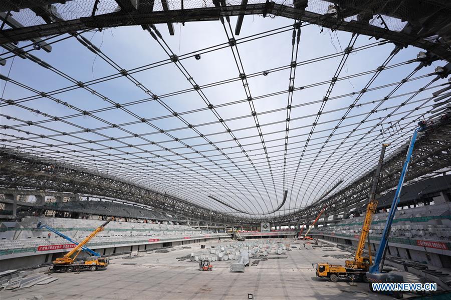 Photo taken on April 8, 2019 shows the construction site of the National Speed Skating Oval, the venue for speed skating events at the 2022 Winter Olympic Games, in Beijing, China. (Xinhua/Ju Huanzong)