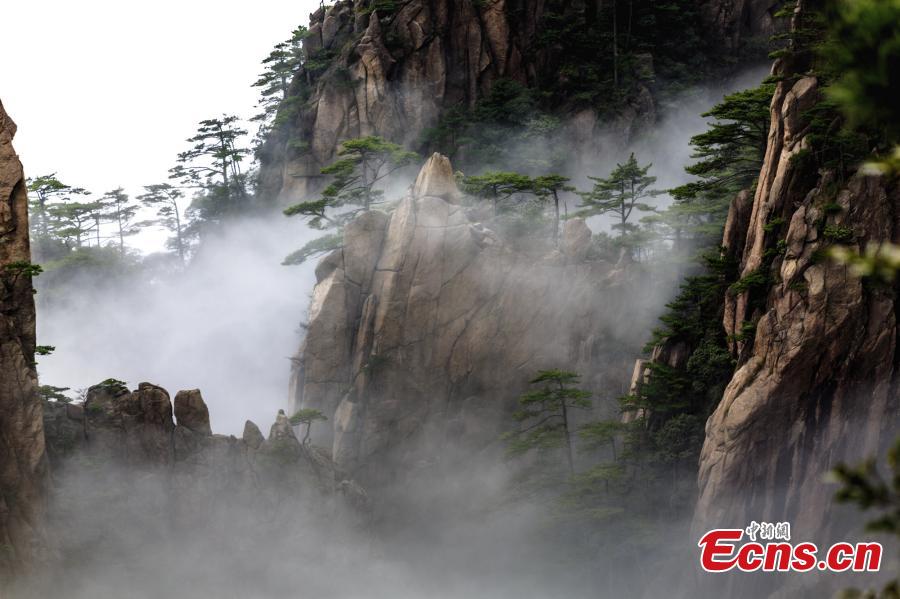 After rain, clouds surround the Xihai Grand Canyon, a sight-seeing spot on Mount Huang in Anhui Province, April 11, 2019. The mountain is a UNESCO World Heritage site, and one of China\'s major tourist destinations. (Photo: China News Service/Ye Yongqing)