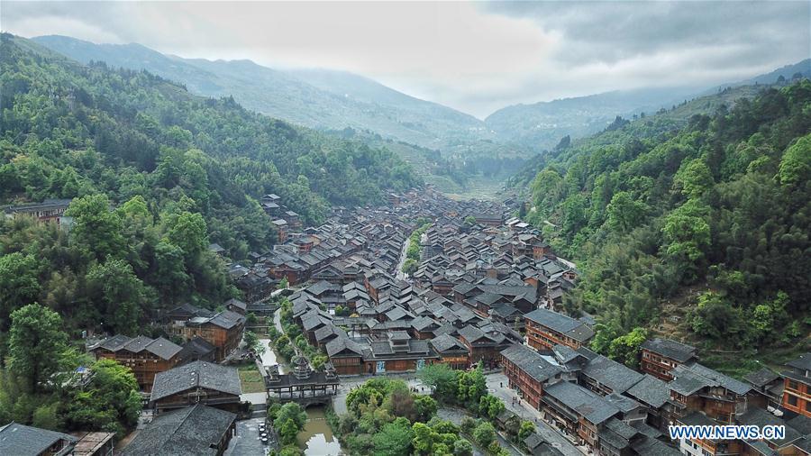 Aerial photo taken on April 14, 2019 shows the Dong village of Zhaoxing, Liping County, southwest China\'s Guizhou Province. (Xinhua/Ou Dongqu)