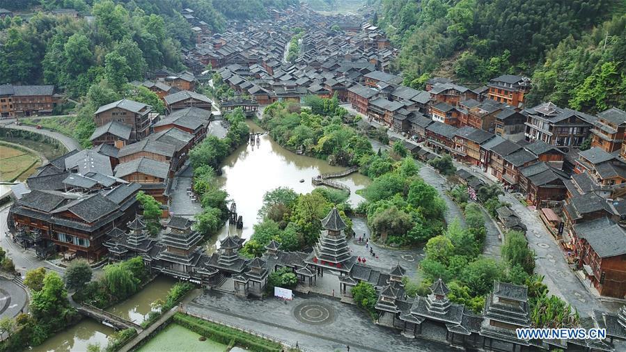 Aerial photo taken on April 14, 2019 shows the Dong village of Zhaoxing, Liping County, southwest China\'s Guizhou Province. (Xinhua/Ou Dongqu)