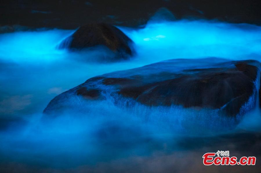 Image taken on April 14, 2019 shows a striking blue algae bloom near Changle Airport in Fuzhou City, Fujian Province. The fluorescent blue glow is natural, powered by a bloom of Noctiluca scintillans, commonly known as \