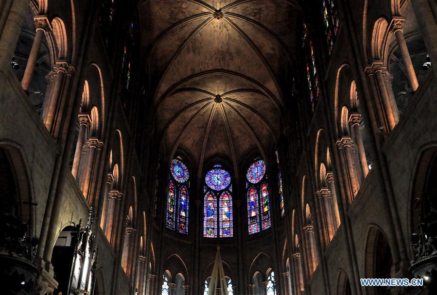 File photo taken on Oct. 11, 2013 shows the interior of the Notre Dame Cathedral in Paris, France. The devastating fire at Notre Dame Cathedral in central Paris has been put out after burning for 15 hours, local media reported on April 16, 2019. In early evening on April 15, a fire broke out in the famed cathedral. Online footage showed thick smoke billowing from the top of the cathedral and huge flames between its two bell towers engulfing the spire and the entire roof which both collapsed later. Notre Dame is considered one of the finest examples of French Gothic architecture which receives about 12 million visitors every year. (Xinhua/Liu Xiao)