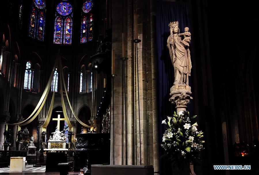 File photo taken on Oct. 11, 2013 shows the interior of the Notre Dame Cathedral in Paris, France. The devastating fire at Notre Dame Cathedral in central Paris has been put out after burning for 15 hours, local media reported on April 16, 2019. In early evening on April 15, a fire broke out in the famed cathedral. Online footage showed thick smoke billowing from the top of the cathedral and huge flames between its two bell towers engulfing the spire and the entire roof which both collapsed later. Notre Dame is considered one of the finest examples of French Gothic architecture which receives about 12 million visitors every year. (Xinhua/Liu Xiao)
