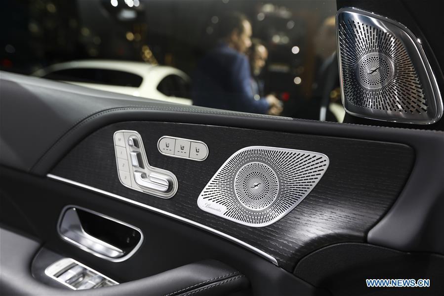 The interior of new Mercedes-Benz GLS is seen during the media preview of the 2019 New York International Auto Show in New York, the United States, April 17, 2019. The 2019 New York International Auto Show will be open to public on Friday. (Xinhua/Wang Ying)