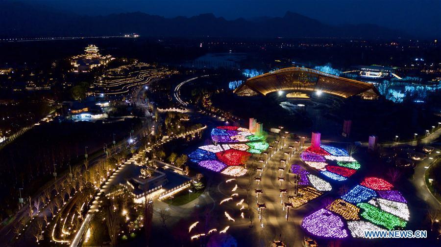 Aerial photo taken on April 19, 2019 shows the night view of the venues of the 2019 Beijing International Horticultural Exhibition (Expo 2019 Beijing) in Yanqing District of Beijing, capital of China. The 2019 Beijing International Horticultural Exhibition is slated to kick off on April 29, 2019. (Xinhua/Hou Dongtao)