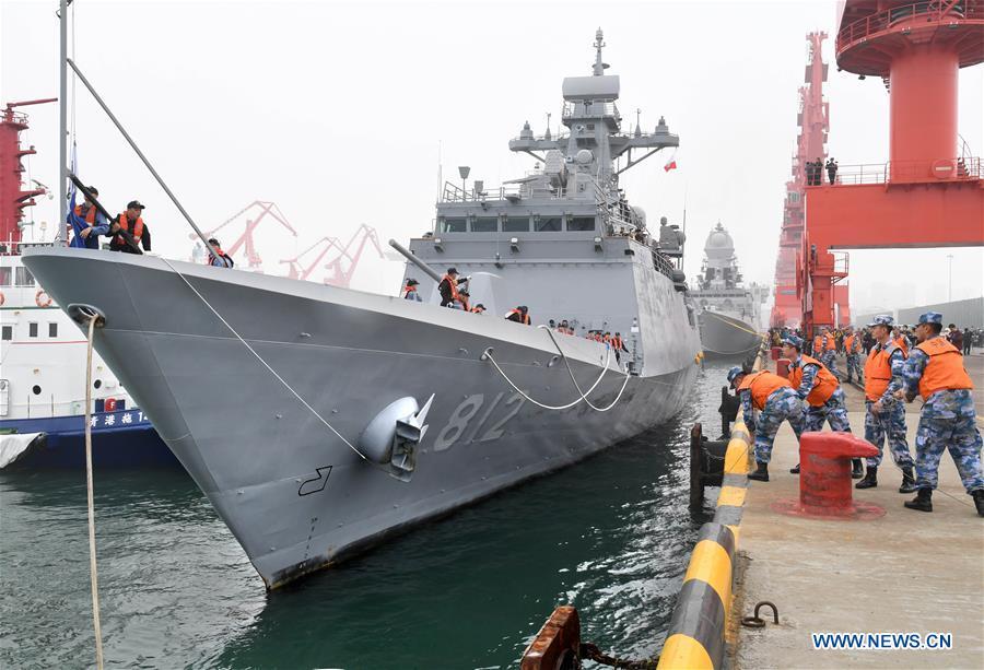 South Korean navy\'s guided missile frigate ROKS Gyeonggi arrives in the port city of Qingdao, east China\'s Shandong Province, April, 21, 2019, to join multinational naval events commemorating the 70th anniversary of the founding of the Chinese People\'s Liberation Army (PLA) Navy. The events will be held between April 22 and 25 and a naval parade will be held in Qingdao and nearby sea areas and airspace on April 23. (Xinhua/Li Ziheng)