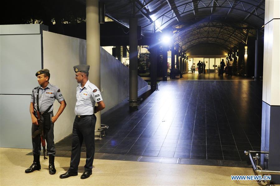 Soldiers stand guard at the Bandaranaike International Airport in Colombo, Sri Lanka, April 22, 2019. The death toll from the multiple blasts that ripped through Sri Lanka on Sunday rose to 228 while 450 others were injured, local media quoting hospital sources said. (Xinhua/Wang Shen)