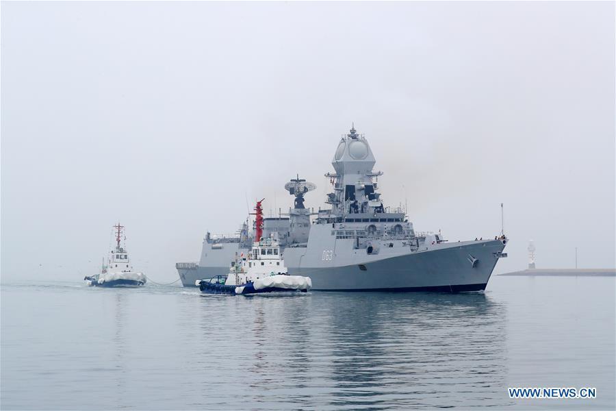 Indian navy\'s destroyer INS Kolkata arrives in the port city of Qingdao, east China\'s Shandong Province, April, 21, 2019, to join multinational naval events commemorating the 70th anniversary of the founding of the Chinese People\'s Liberation Army (PLA) Navy. The events will be held between April 22 and 25 and a naval parade will be held in Qingdao and nearby sea areas and airspace on April 23. (Xinhua/Ju Zhenhua)