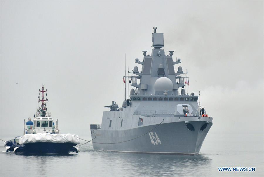Russian navy\'s guided missile frigate Admiral Gorshkov arrives in the port city of Qingdao, east China\'s Shandong Province, April, 21, 2019, to join multinational naval events commemorating the 70th anniversary of the founding of the Chinese People\'s Liberation Army (PLA) Navy. The events will be held between April 22 and 25 and a naval parade will be held in Qingdao and nearby sea areas and airspace on April 23. (Xinhua/Zhu Zheng)