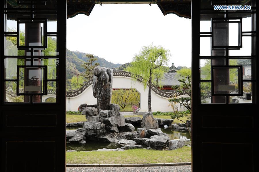 Photo taken on April 18, 2019 shows a view at the Encho-en garden in Tottori, Japan. Covering an area of about 10,000 square meters, Encho-en is one of the biggest full-scaled Chinese-style garden in Japan. It was built in 1995 to show the friendship between Tottori and north China\'s Hebei Province. The designing and materials procurement and processing took place in China. The main building was shop-assembled in China before the final assembly in Japan. All these steps were supervised by Chinese engineers. (Xinhua/Du Xiaoyi)