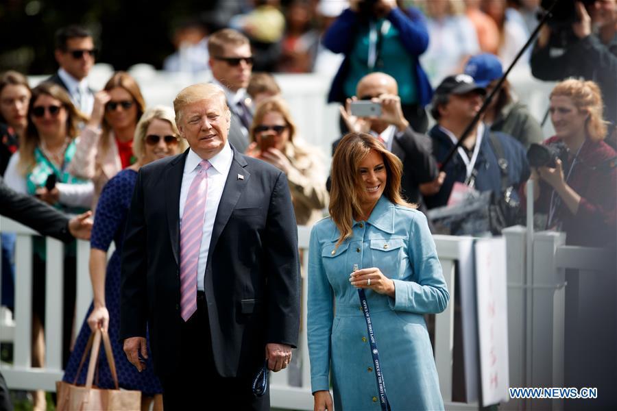 U.S. President Donald Trump (front L) and First Lady Melania Trump (front R) attend the annual Easter Egg Roll at the White House in Washington D.C., the United States, on April 22, 2019. White House Easter Egg Roll was held on the South Lawn on Monday as the annual tradition entered its 141st year. (Xinhua/Ting Shen)