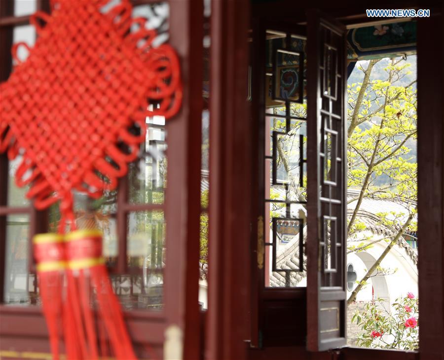 Photo taken on April 18, 2019 shows a view at the Encho-en garden in Tottori, Japan. Covering an area of about 10,000 square meters, Encho-en is one of the biggest full-scaled Chinese-style garden in Japan. It was built in 1995 to show the friendship between Tottori and north China\'s Hebei Province. The designing and materials procurement and processing took place in China. The main building was shop-assembled in China before the final assembly in Japan. All these steps were supervised by Chinese engineers. (Xinhua/Du Xiaoyi)