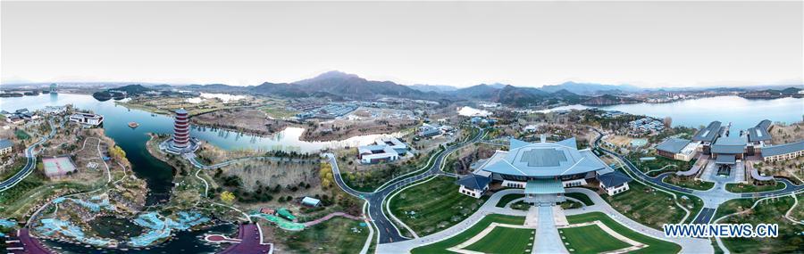 Stitched aerial photo taken on April 1, 2019 shows the scenery of Yanqi Lake in Beijing, capital of China. The second Belt and Road Forum for International Cooperation is to be held on April 25-27 in Beijing. (Xinhua/Yin Gang)