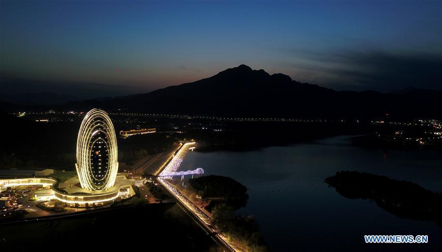 Aerial photo taken on April 1, 2019 shows the night view of the Sunrise East Kempinski Hotel by Yanqi Lake in Beijing, capital of China. The second Belt and Road Forum for International Cooperation is to be held on April 25-27 in Beijing. (Xinhua/Chen Yehua)