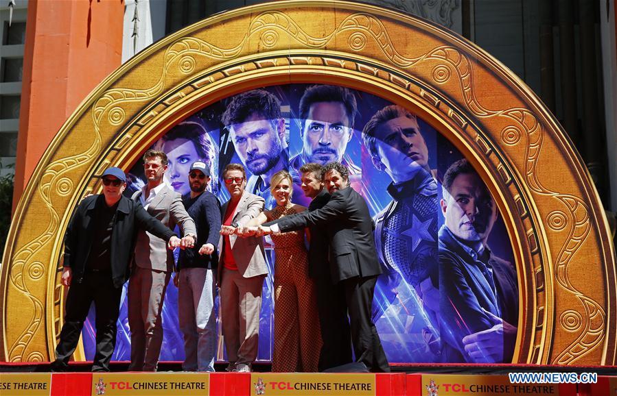 Marvels Studios president Kevin Feige, actors Chris Hemsworth, Chris Evans, Robert Downey Jr., actress Scarlett Johansson, actors Jeremy Renner, Mark Ruffalo (From L to R) attend their print ceremony in the forecourt of the TCL Chinese Theater in Los Angeles, the United States, April 23, 2019. The cast of Marvel Studios \