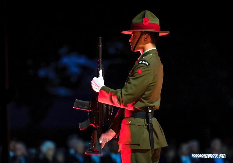 A soilder gestures during the ANZAC Day ceremony in Christchurch, New Zealand, April 25, 2019. Anzac Day marks the April 25, 1915 landing of Australian and New Zealand troops at Gallipoli on the Turkish peninsula in an ill-fated WWI campaign against the German-backed Ottoman forces. More than 10,000 Australian and New Zealand servicemen died in the campaign, and while it failed in its military objectives, it gave rise to commemorations of the courage and close friendship that bind the two countries. (Xinhua/Zhu Qiping)