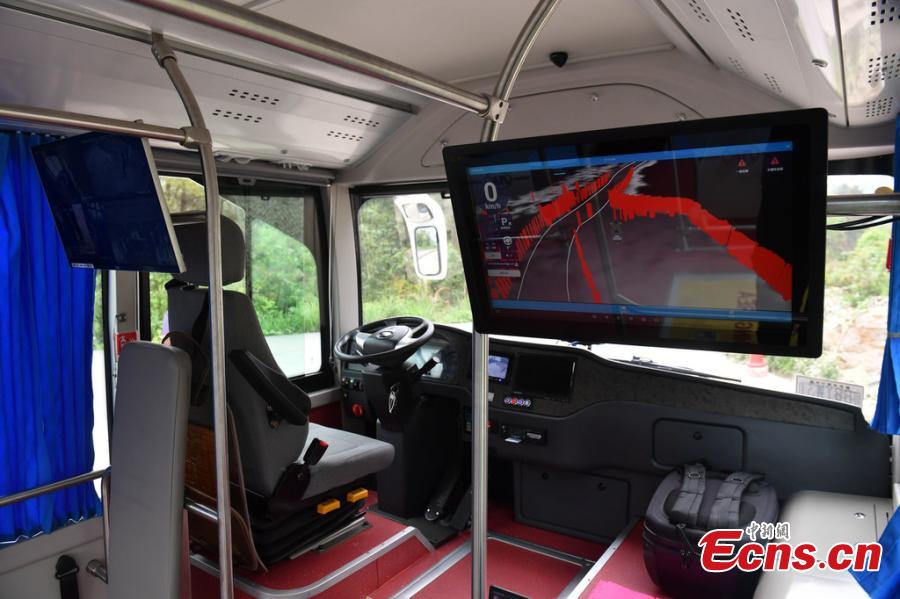 Photo shows the interior of the bus in the Grand Canyon scenic area in Zhangjiajie, Hunan Province, on April 24, 2019. The scenic area will offer the self-driving bus service, which can carry 25 people and reach a speed of up to 40 kilometers per hour.  (Photo/IC)