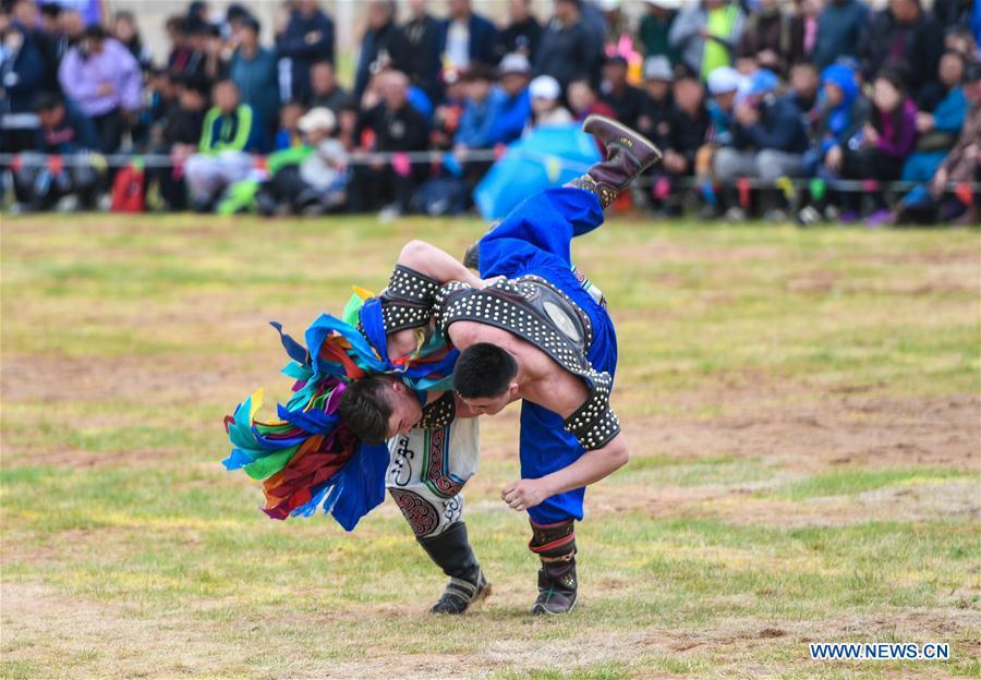 Competitors wrestle at the Genghis Khan Chagan Suluk Nadam Fair in Ejin Horo Banner of Ordos City, north China\'s Inner Mongolia Autonomous Region, April 24, 2019. The two-day fair kicked off on Wednesday, including a variety of traditional activities. (Xinhua/Peng Yuan)