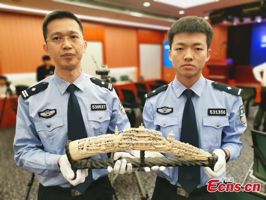 Shenzhen Customs shows items seized during coordinated anti-smuggling campaigns in Shenzhen, Wuxi and Shanghai, during a news conference in Shenzhen, Guangdong province, April 25, 2019. Authorities seized 10 suspects and illegal wildlife products weighing 209 kilograms, such as ivory and rhinoceros horns. (Photo: China News Service/Chen Wen)