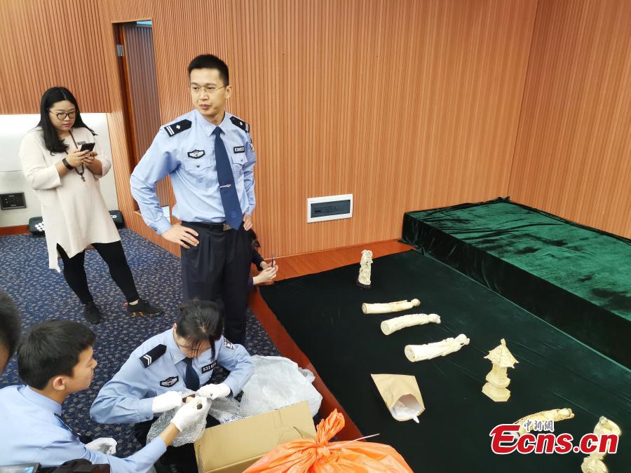 Shenzhen Customs shows items seized during coordinated anti-smuggling campaigns in Shenzhen, Wuxi and Shanghai, during a news conference in Shenzhen, Guangdong province, April 25, 2019. Authorities seized 10 suspects and illegal wildlife products weighing 209 kilograms, such as ivory and rhinoceros horns. (Photo: China News Service/Chen Wen)