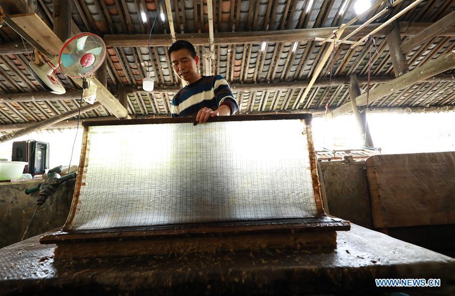Wang Xingwu makes paper at a workshop in Shiqiao Village of Danzhai County, southwest China\'s Guizhou Province, April 24, 2019. Wang Xingwu, 53, a national intangible cultural heritage inheritor in papermaking, learned the papermaking technique from his family as a child. Besides exerting the old papermaking technique to its full potential, Wang keeps raising product quality and improving the making procedure. With the involvement of plants in the papermaking process, he has created more than 160 kinds of patterned papers and paper crafts. He also develops a kind of handmade white paper more suitable for writing calligraphy and painting. (Xinhua/Huang Xiaohai)