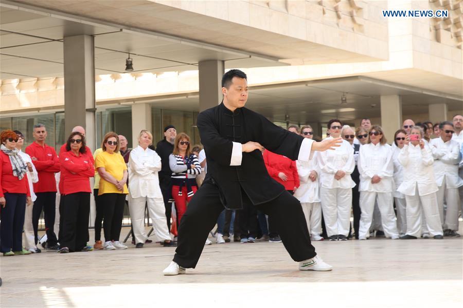 A Chinese Taiji master practices Taiji in Valletta, capital of Malta on April 27, 2019. The World Taiji (Tai Chi) Day was celebrated on Saturday in Valletta, with a series of Chinese Taiji performances. (Xinhua/Yuan Yun)