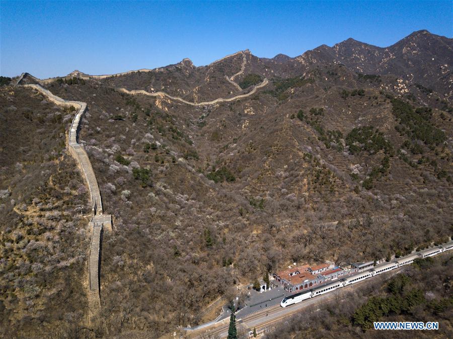 Aerial photo taken on April 2, 2019 shows the Qinglongqiao Railway Station at the foot of the Badaling section of the Great Wall in Yanqing District of Beijing, capital of China. The International Horticultural Exhibition 2019 Beijing, the largest expo of its kind in the world, opened to the public Monday in Yanqing District. Yanqing boasts itself as being home to parts of the Great Wall. It is a summer resort and the agricultural base of Beijing. The upgrading of infrastructure and the acceleration of the horticulture industry because of the expo can further stimulate the development of tourism in Yanqing. (Xinhua/Ju Huanzong)