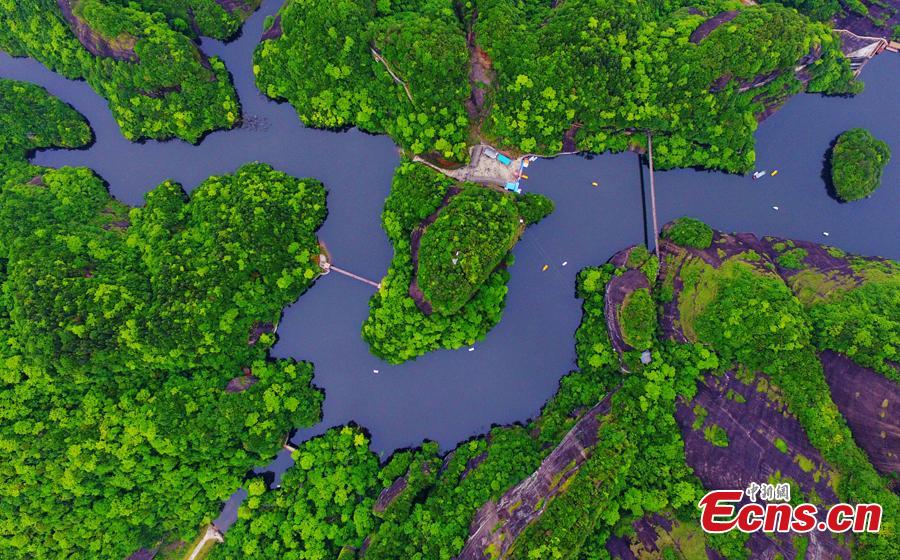 This undated aerial photo shows the beautiful landscape of the Donghuzhai Scenic Area in Xiushui County, Jiangxi Province. Located in Tankeng Village, Donghuzhai is  known as the \