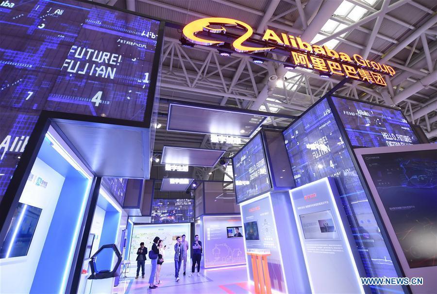 Photo taken on May 5, 2019 shows the booth of Alibaba Group at the 2nd Digital China Exhibition in Fuzhou, southeast China\'s Fujian Province. The 2nd Digital China Exhibition runs from May 5 to 9 at the Fuzhou Strait International Conference & Exhibition Center. (Xinhua/Lin Shanchuan)
