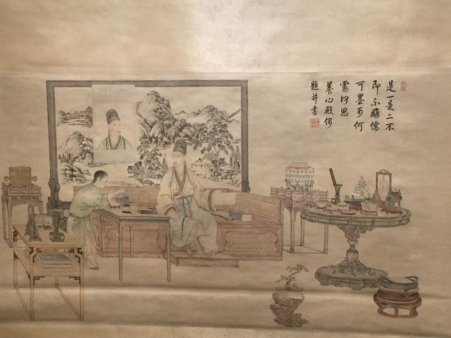 Shi Yi Shi Er Tu, a highlighted exhibit of the ongoing display, which shows Emperor Qianlong\'s pursuit of literati style. (PHOTO/CHINA DAILY)
Joyful Leisure: Calligraphy and Paintings by the Emperor Qianlong and His Court Officials, an exhibition being held at the Hall of Literary Glory (Wenhua Dian), presents over 100 of the finest works produced by the emperor, his close courtiers and other members of the royal family. More than half of the works have never been publicly displayed before.

\