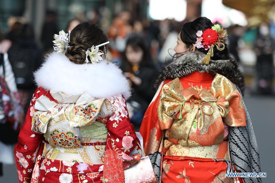 Japanese girls in kimonos attend a Coming-of-Age ceremony to celebrate their adulthood in Chiba, Japan, Jan. 14, 2019. China will hold the Conference on Dialogue of Asian Civilizations starting from May 15. Under the theme of \