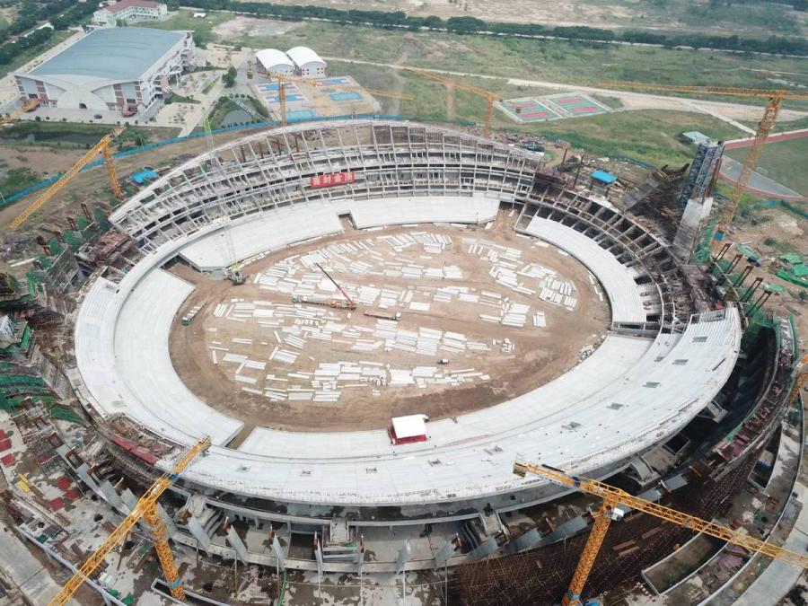 The construction work on a China-funded national stadium is halfway towards completion in Phnom Penh, Cambodia, the photo, shot on May 12, shows. (Photo/Xinhua)
The construction work on a China-funded national stadium here is currently halfway towards completion, Thong Khon, president of the National Olympic Committee of Cambodia, said on Sunday.

The stadium is being developed by the China State Construction Engineering Corporation (CSCEC) under the Chinese aid of 1.1 billion Chinese yuan (about 160 million US dollars).

\