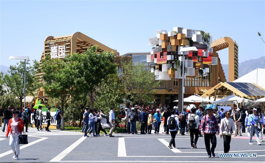 Visitors are seen on the Germany Day of Beijing International Horticultural Exhibition in Beijing, capital of China, on May 13, 2019. The expo welcomes Germany Day on Monday. With a theme of \