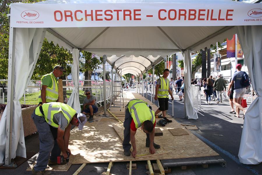 Workers make preparations for the 72nd edition of Cannes Film Festival in Cannes, France, on May 13, 2019. The 72nd edition of Cannes Film Festival will kick off on May 14. (Xinhua/Gao Jing)