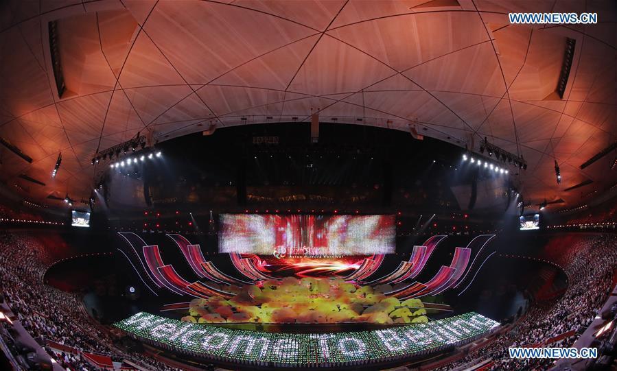 An Asian culture carnival is held during the Conference on Dialogue of Asian Civilizations (CDAC) at the National Stadium, or the Bird\'s Nest, in Beijing, capital of China, May 15, 2019. (Xinhua/Shen Bohan)