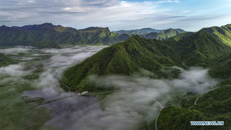 Aerial photo taken on May 16, 2019 shows the scenery of Dajiu Lake (nine lakes) wetland in Shennongjia, central China\'s Hubei Province. (Xinhua/Du Huaju)