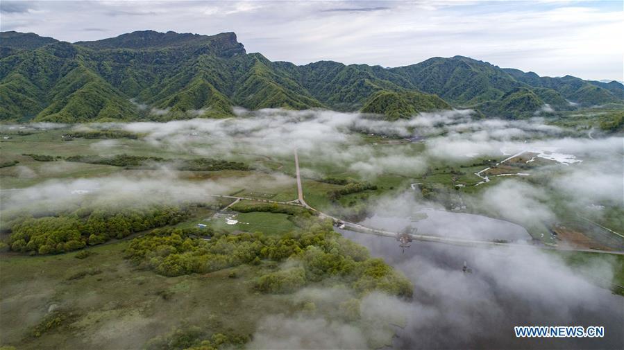 Aerial photo taken on May 16, 2019 shows the scenery of Dajiu Lake (nine lakes) wetland in Shennongjia, central China\'s Hubei Province. (Xinhua/Du Huaju)