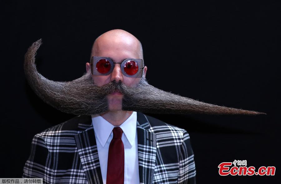 A participant of the international World Beard and Moustache Championships poses before taking part in one of the 17 categories of beard and moustache styles competing in Antwerp, Belgium May 18, 2019. (Photo/Agencies)