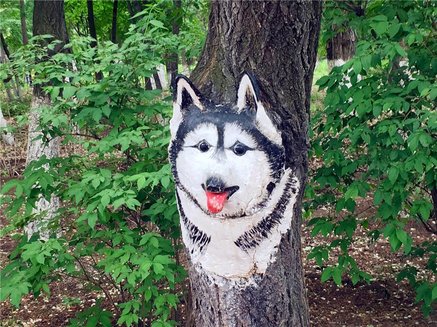 A tree trunk is painted with a wolf in the Zoological and Botanical Garden in Changchun.  (Photo/chinadaily.com.cn)