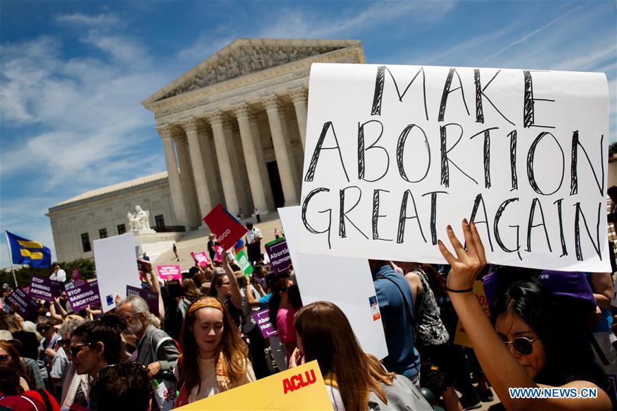 People protest during a rally calling for abortion rights outside the U.S. Supreme Court in Washington D.C., the United States, on May 21, 2019. Alabama enacted a new law recently to ban all abortions, except in the cases in which the mother\'s life is in danger. It is the latest state to join the camp to make abortions illegal from the time as early as of detected fetal heartbeat, around six weeks of gestation. (Xinhua/Ting Shen)