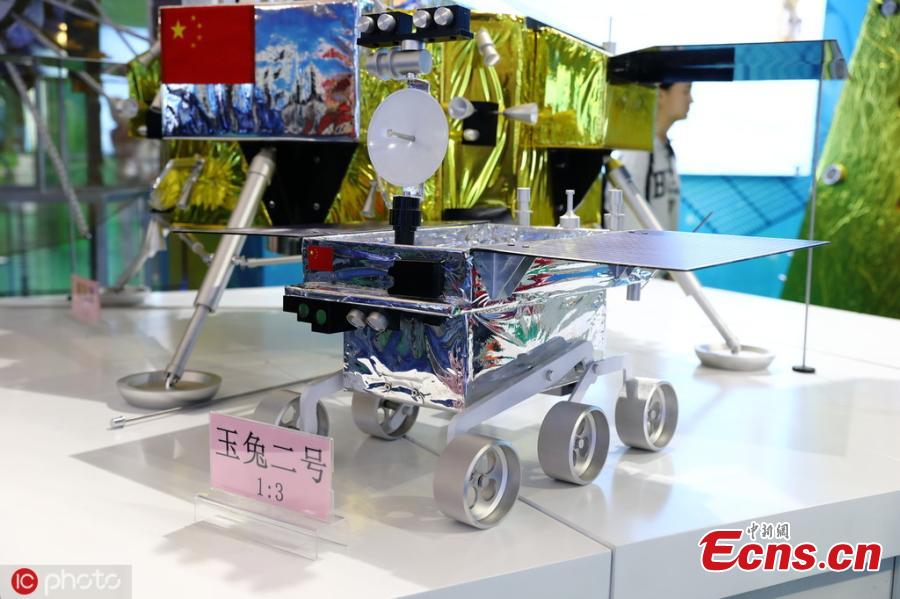 Model of Chinese moon rover Jade Rabbit 2 is on display at National Science and Technology Week in the Military Museum of the Chinese People\'s Revolution in Beijing on May 21, 2019.(Photo/IC)