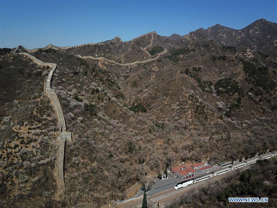 In this aerial photo taken on April 2, 2019, a Line S2 train of Beijing Suburban Railway (BSR) stops at Qinglongqiao station of the Beijing-Zhangjiakou railway in Beijing, capital of China. (Xinhua/Ju Huanzong)
