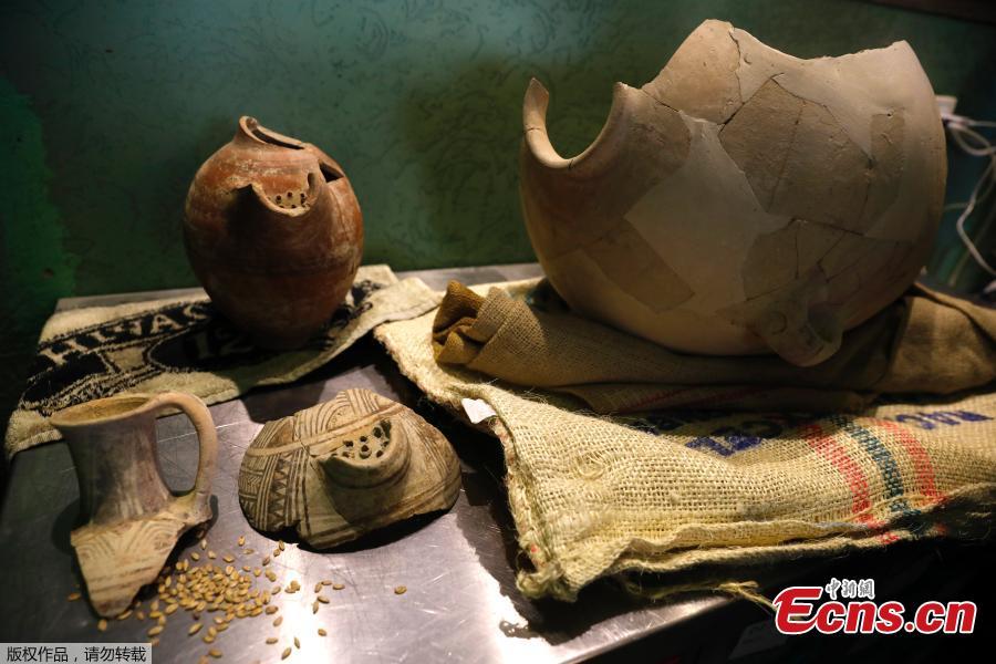Ancient jars are on display during a press conference in Jerusalem, Wednesday, May 22, 2019. Scientists from Jerusalem say they have “resurrected” ancient yeast and brewed beer and mead with it to taste and understand the ancient Near East. (Photo/Agencies)