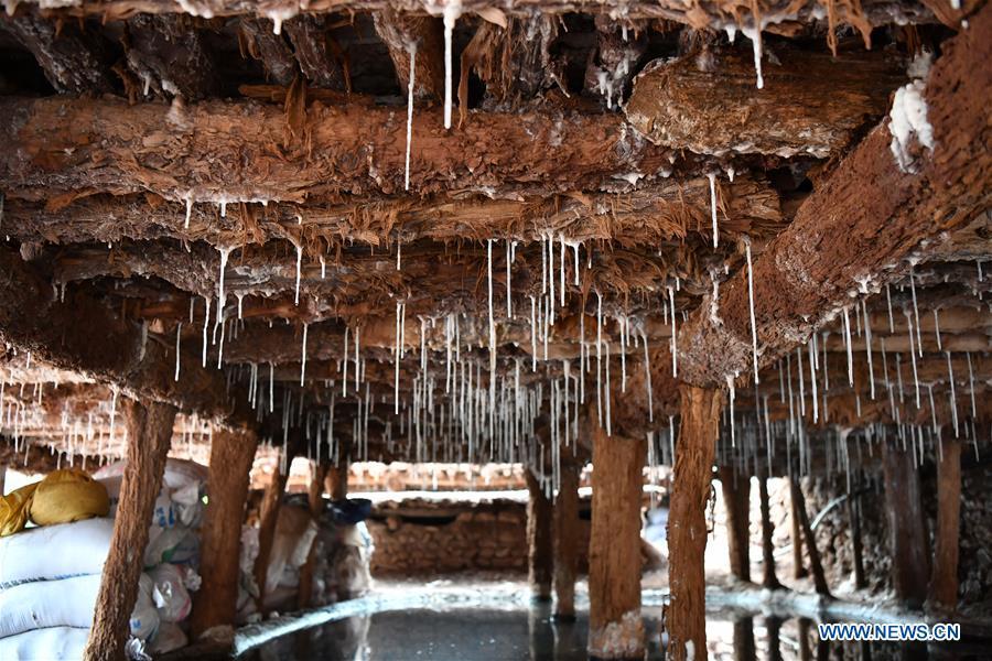 Photo shows salt stalactites formed by trickling brines in Mangkam County, southwest China\'s Tibet Autonomous Region, May 22, 2019. An ancient technique of salt production since Tang Dynasty (618-907) is well-preserved in Mangkam County. Local people follow a salt harvesting method by collecting brines from salt mines and ponds and evaporating them in the sun until crystallization. (Xinhua/Li Xin)